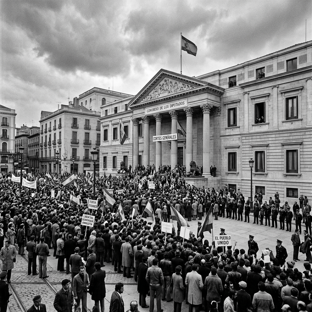 Crowd of protesters outside the Congreso de los Diputados in Madrid with flags and signs