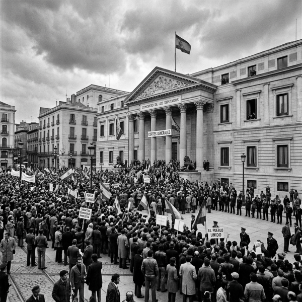 Crowd of protesters outside the Congreso de los Diputados in Madrid with flags and signs
