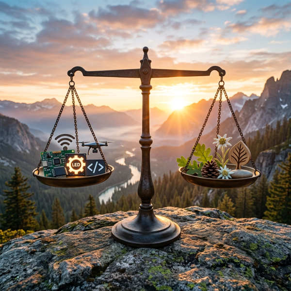 Balance scale with technology symbols on one side and natural items on the other, set on a rock overlooking mountains at sunset